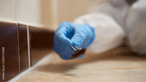 Professional Pest Control: Expert in Protective Gear Holds a Cockroach with Tweezers, Highlighting Insect Problem and Extermination Services