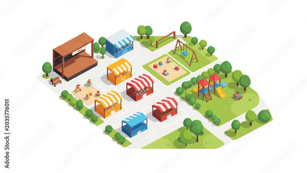Fototapeta premium Isometric Summer Festival and Fairground with Food Stalls, Children's Playground, and Outdoor Stage Isolated on White