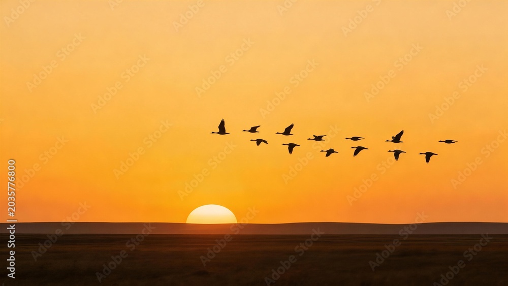 Obraz premium Birds flying at sunset