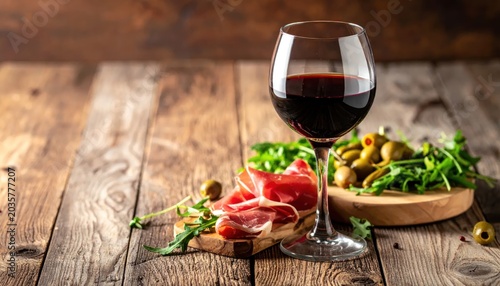 Red wine glass with food on table.