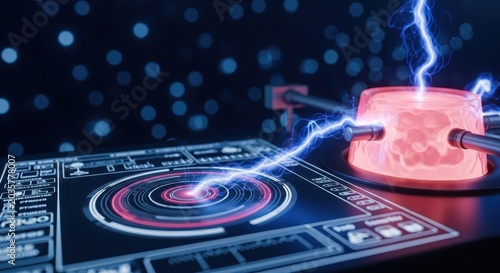 Captivating electrical energy arc flowing across futuristic digital interface with vibrant blue and red lighting