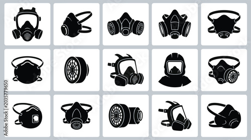 Collection of various gas masks and respirators for protection against hazardous substances.
