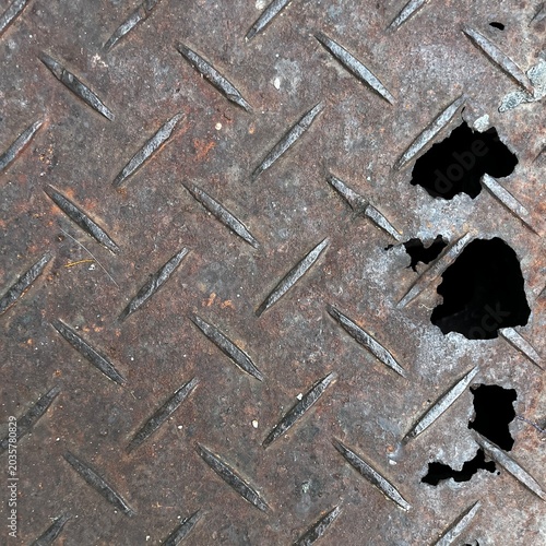 Rusty diamond plate metal surface with holes and corrosion texture