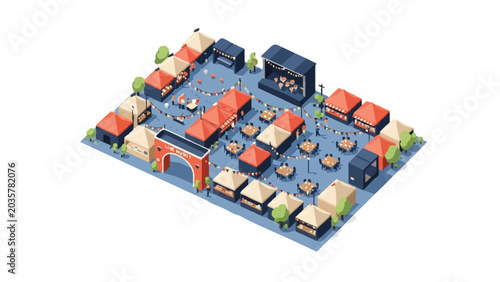 Isometric Outdoor Music Festival and Food Market Event Map Illustration
