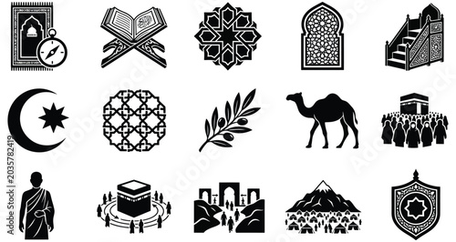Collection of black and white vector icons depicting animals, objects, and symbols in flat design style