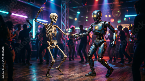 Skeleton and robot dancing in a nightclub with party lights