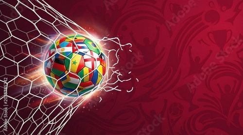Football with world flags scoring a goal breaking the net illustration
