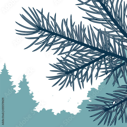 Tableau sur toile Serene Dewy Pine Branch Close-Up with Soft Blue Forest Bokeh Background