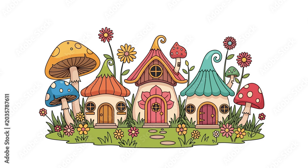 Fototapeta premium Colorful whimsical fantasy mushroom houses.