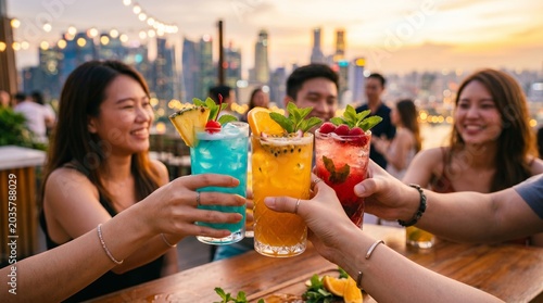 Friends holding colorful cocktails for a cheers toast at an outdoor rooftop bar. Happy woman and man enjoying drinks during sunset city celebration. Social gathering and lifestyle party concept