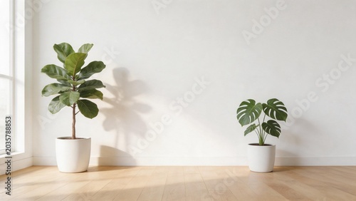 Two potted plants in a minimalist room