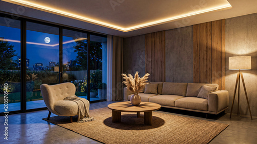 Minimalist Japandi Interior Design of Modern Living Room with Accent Armchair and Natural Nightlight