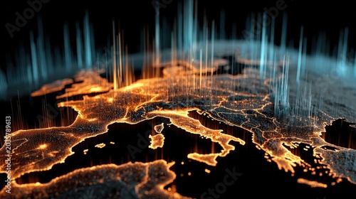 3D digital map of Europe at night with glowing city lights and vertical data beams.