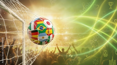 Soccer ball with world flags scores a goal in a stadium celebration, World Cup 2026