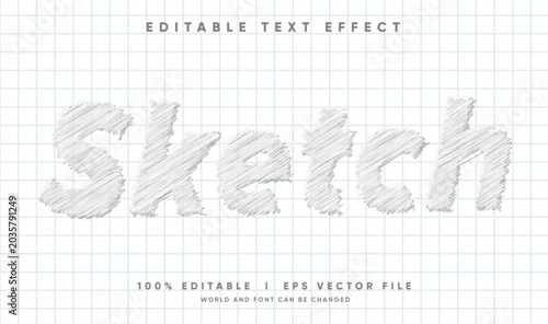 Editable sketch text effect template with hand drawn pencil hatching stroke font style on white grid notebook paper background