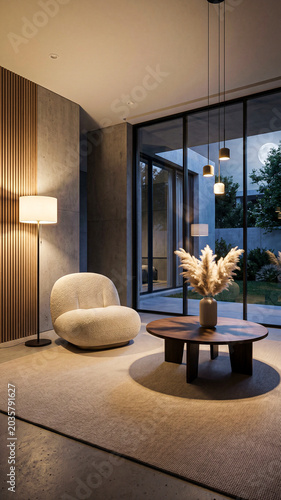 Minimalist Japandi Interior Design of Modern Living Room with Accent Armchair and Natural Nightlight