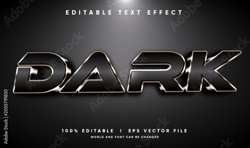 Editable metal dark 3d text effect template with bold black chrome metallic letters and glowing spotlight on dark background