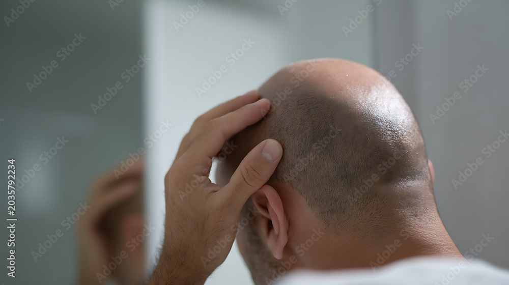 Naklejka premium Concerned Man Examines His Scalp in Mirror, Worried About Hair Loss and Thinning, Exploring Options for Hair Care and Restoration