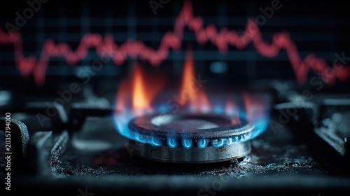 Blue gas flame on a kitchen stove with a fluctuating red financial graph background.