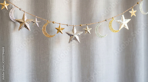 Festive Silver and Gold Metallic Star and Crescent Moon Hanging Garland