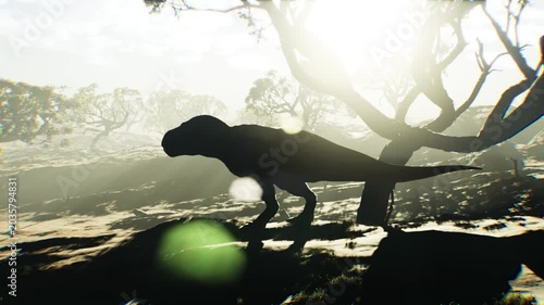Distant Silhouette of T-Rex Roaring and Sniffing for Prey in Prehistoric Valley, Long Shot of Tyrannosaurus Rex Standing Against Golden Sunset Sky, 3D Render Animation