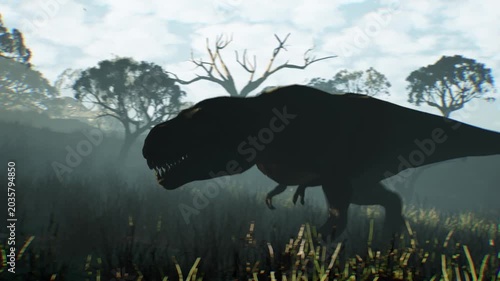 Cinematic Tracking Shot of T-Rex Walking in Misty Prehistoric Forest, Tyrannosaurus Rex Side View Silhouette Roaming in Cretaceous Jungle Field, 3D Render Animation