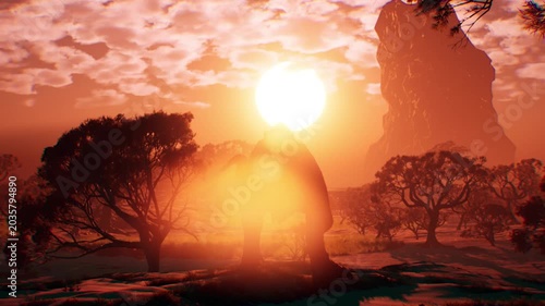 Cinematic Silhouette of T-Rex Standing in Prehistoric Valley at Sunset, Tyrannosaurus Rex in Cretaceous Forest Landscape with Big Glowing Sun Flare, 3D Render Animation