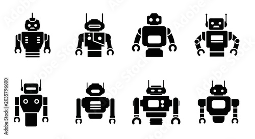 Collection of Eight Black Robot Icons on White Background.