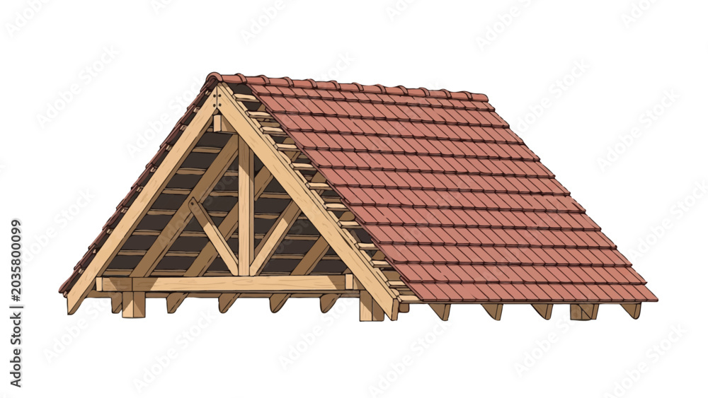 Naklejka premium Detailed Architectural Illustration of a Gable Roof Construction Showing Wooden Truss Frame and Red Clay Tiles Isolated on White