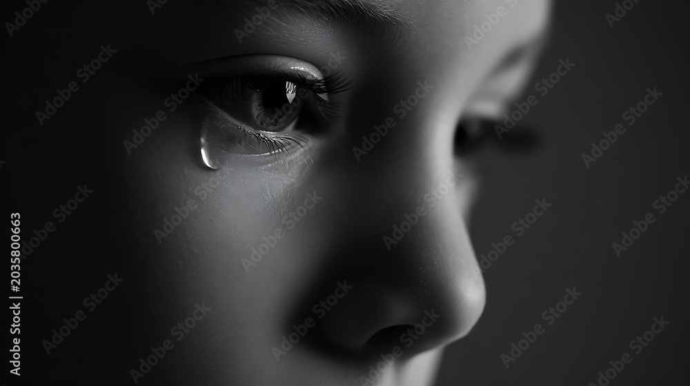 Fototapeta premium Close-up of a child's face in monochrome, with a single tear falling from the eye, depicting profound sorrow or distress in a dramatic frame