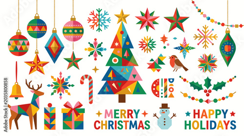 Christmas elements collection with geometric tree and festive decorations