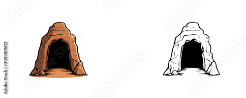 Photography Mountain stone cave entrance cartoon illustrations in flat colored brown and bla