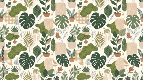 Biophilic Office Seamless Pattern - Green Leaves Moss and Natural Elements Vector