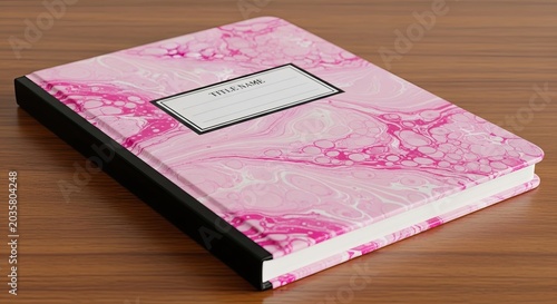 Pink marble notebook lying on wooden desk surface