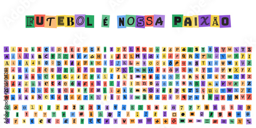 Canvastavla FUTEBOL E NOSSA PAIXAO, alfabeto estilo carta de sequestro com letras recortadas