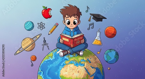 Boy sitting on globe reading book surrounded by educational icons.