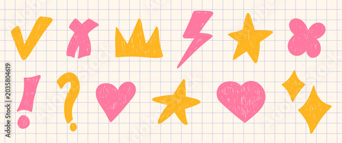 Cute hand drawn scribble doodle set with hearts, stars, crown, lightning bolt, check marks and punctuation. Perfect for back-to-school designs, scrapbooking, planners, social media, and digital notes.