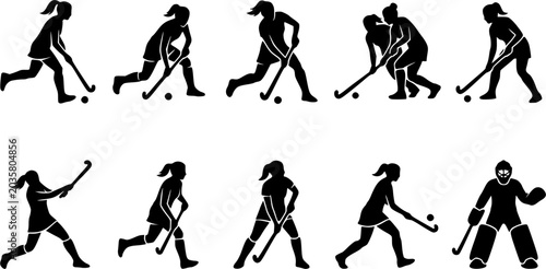 Female field hockey silhouette icon set, flat black glyph style, pure white background
