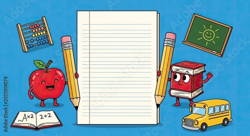 School supplies frame with blank paper and cartoon characters.