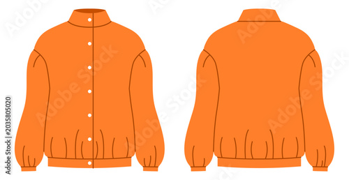 Bild auf Leinwand Orange blouse with high neckline, button front closure and long sleeves with fitted waist gathered hem creating clean modern silhouette