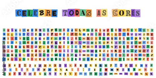 Foto CELEBRE TODAS AS CORES, alfabeto estilo carta de resgate com letras recortadas d