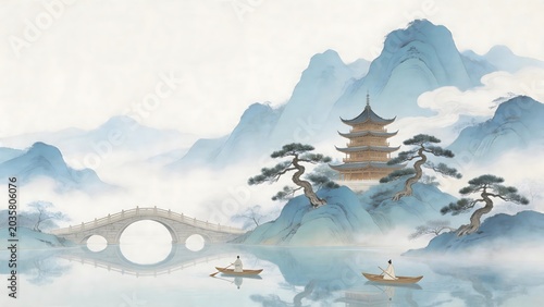 Traditional Asian landscape with pagoda and boats