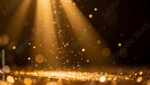 Golden light beams and sparkling particles