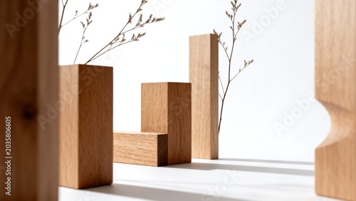 Wooden blocks and dried plants on white surface