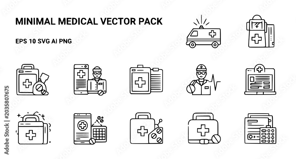 Fototapeta premium Minimal medical vector pack featuring ambulance and first aid kit icons in black and white line art style for healthcare websites and medical clinic digital interface and design elements