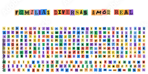 FAMILIAS DIVERSAS AMOR REAL letras de recorte estilo collage para diseno grafico inclusivo y mensajes de diversidad social
