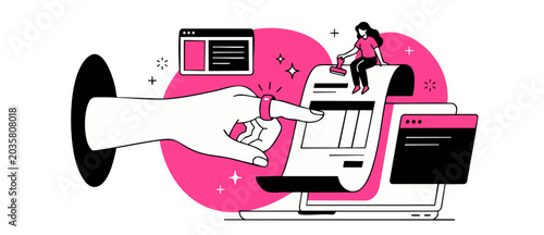 Quadro su tela Digital invoice payment billing illustration showing giant hand with smart ring pointing at online receipt on laptop screen with tiny woman stamping documents for business finance tax management plan