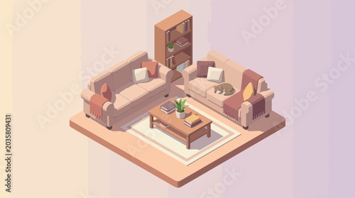 Photography Cozy Isometric Living Room with Sofas, Bookshelf, and Sleeping Cat
