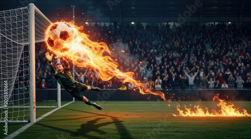 Goalkeeper diving to save a flaming soccer ball. Surreal dynamic sports action in a crowded stadium. Intense burning football concept