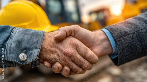 Detailed close up of a handshake between an engineer and a business executive at a construction project.